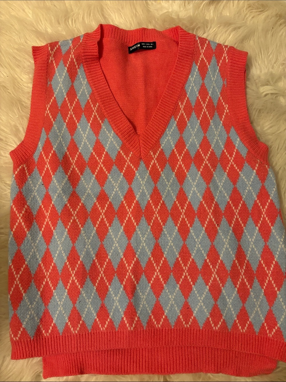SHEIN Coral and Light Blue Argyle V-Neck Sweater Vest
